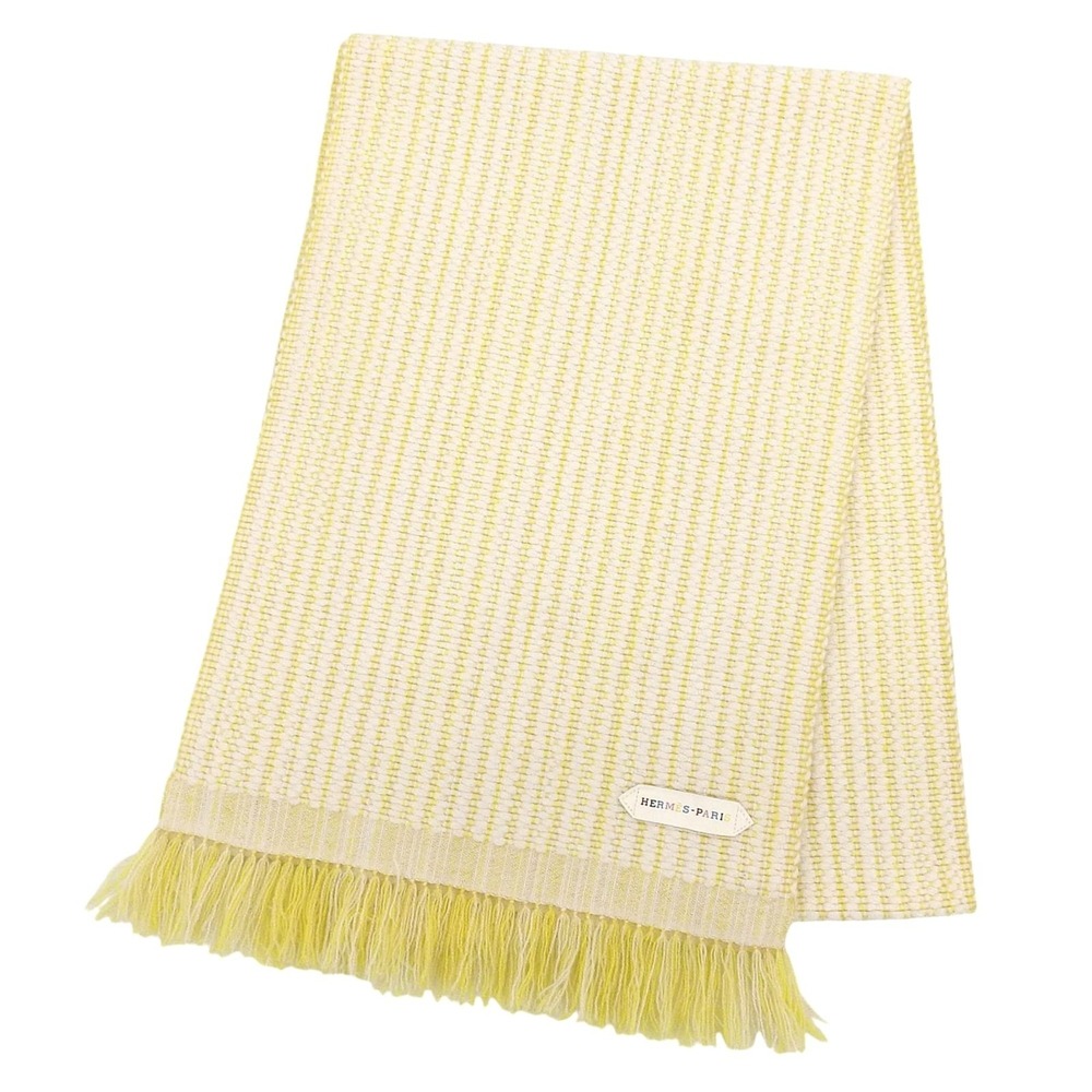 HERMES H259087S 100% Cashmere Wavy Double-Faced Fringe Stole/Scarf, Yellow, M...
